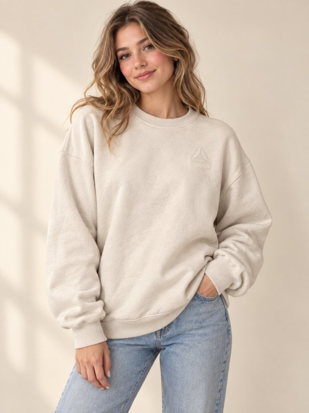 Reebok Cream Tonal Logo Crewneck Sweatshirt – Size Large